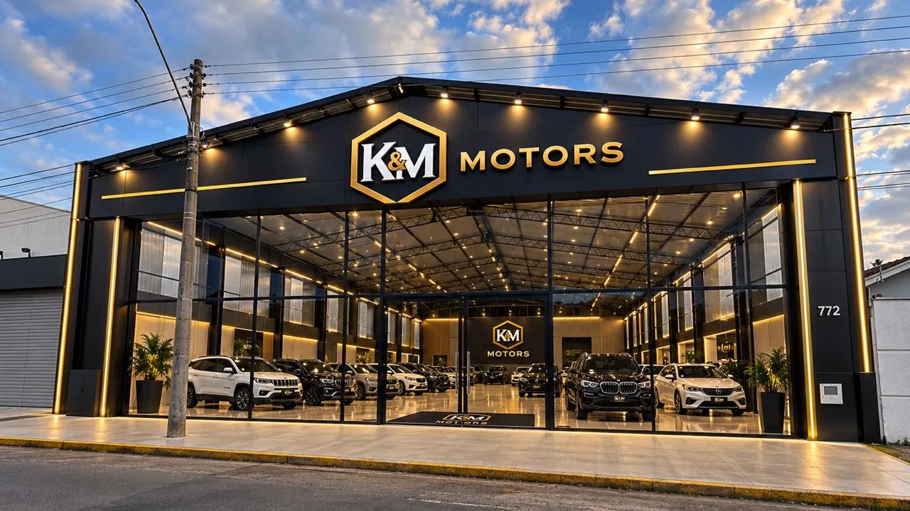 Fachada da loja K&M Motors com showroom de seminovos, em Mogi Guaçu
